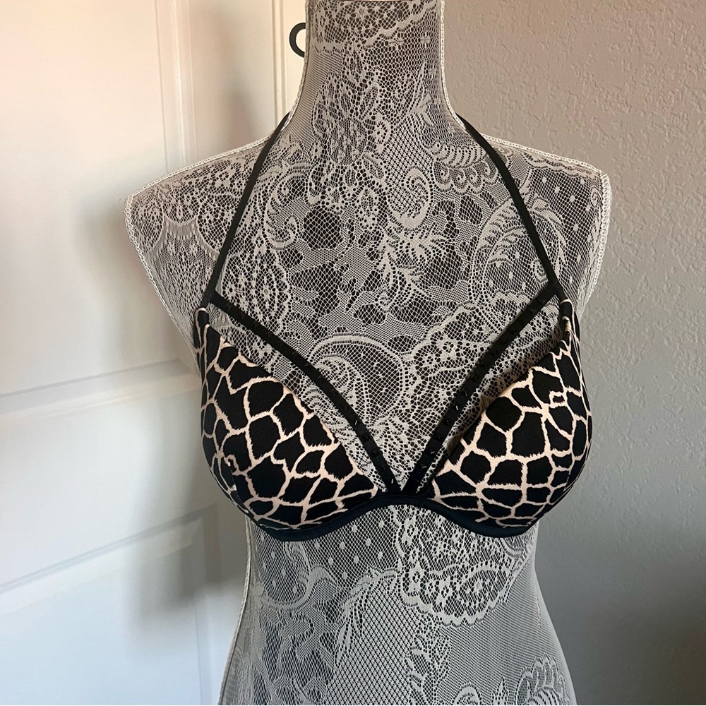 Victoria's Secret Black and Cream Patterned Halter Bra